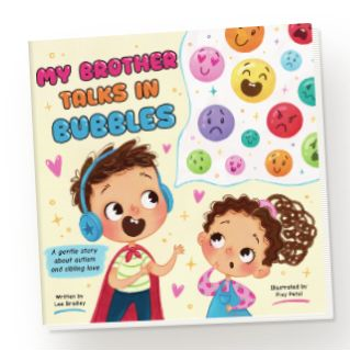 My Brother Talks in Bubbles illustrated edition mockup using Pixy Petal’s original cover artwork