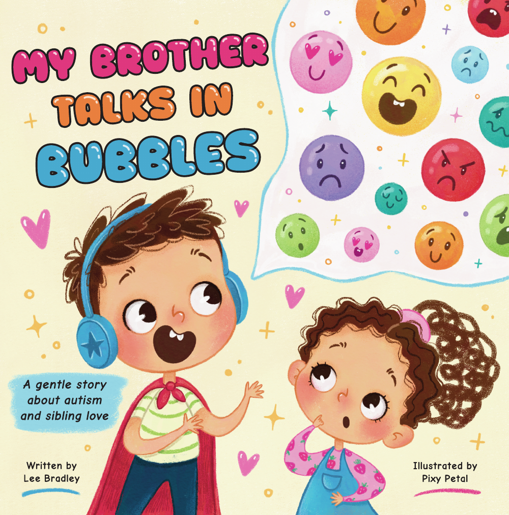 My Brother Talks in Bubbles paperback mockup using Pixy Petal's original artwork